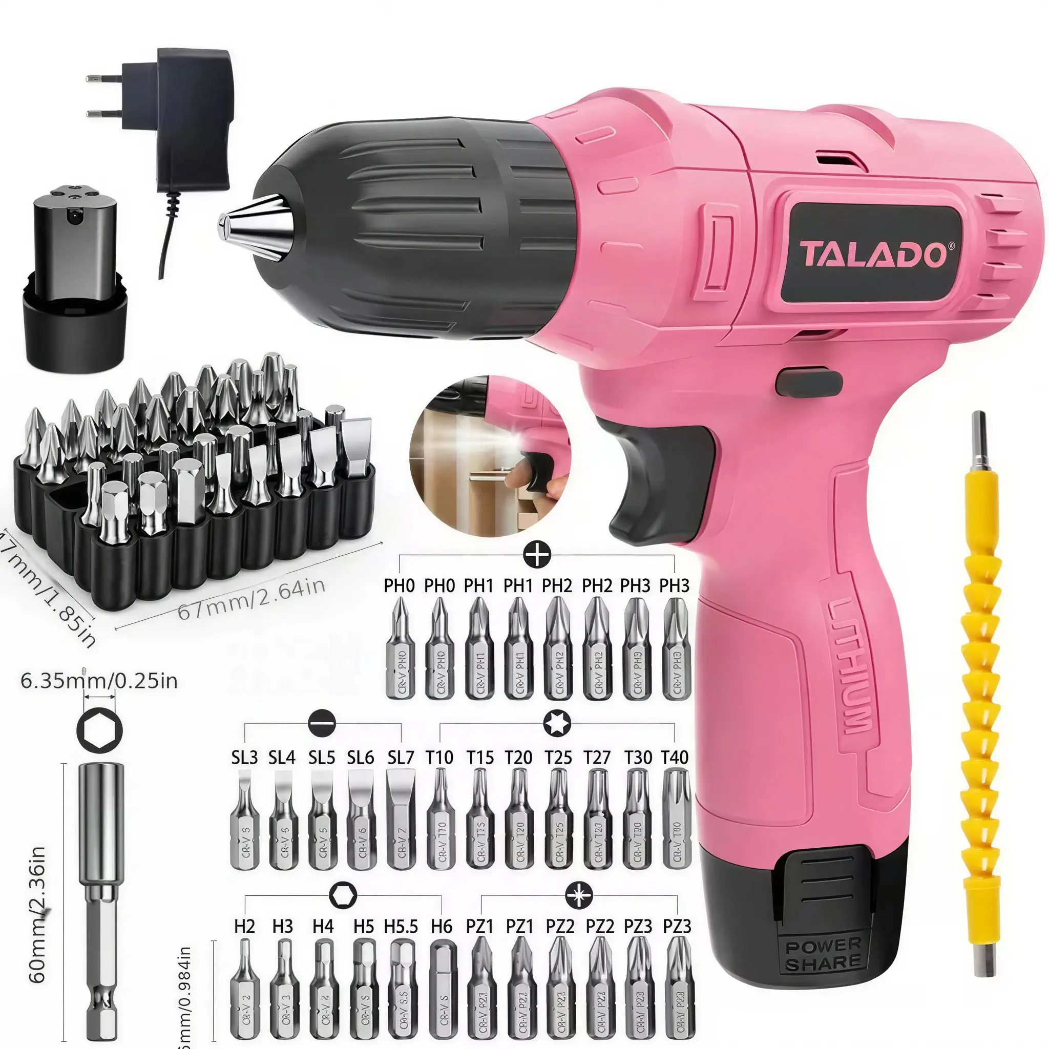 TALADO 12V Brushless Cordless Drill Set, 33 Pcs Electric Drill Kit with 1.45 lbs Body, Batteries, Charger, LED Light, 3/8-in Keyless Chuck, Rechargeable Cells, Brushless Motor