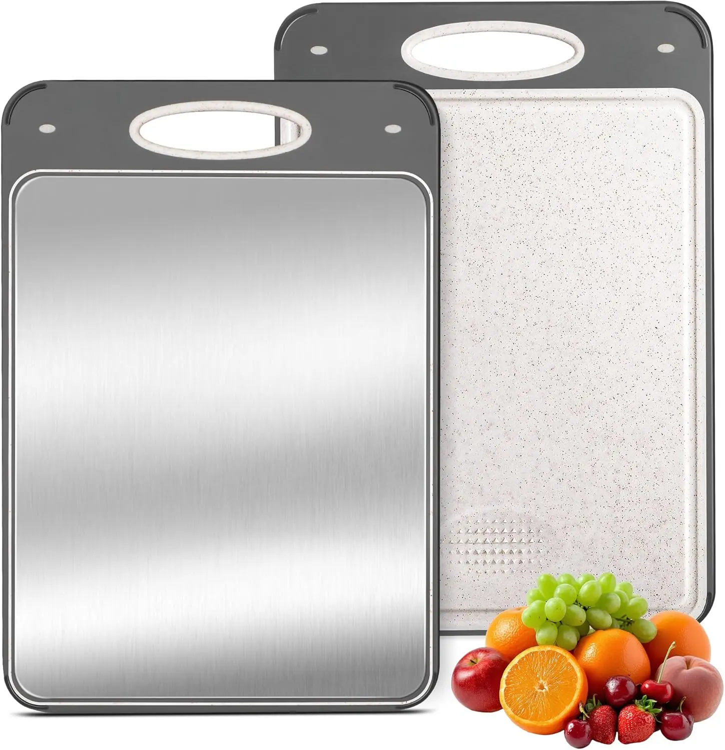 Katori Titanium Double-Sided Cutting Board for Kitchen - Non-Toxic Metal Side for Meat/Fish, Wheat Straw PP Side for Fruits/Vegetables, Dishwasher Safe, Hygienic, Easy-Clean, with Knives Rack，Chopping Board