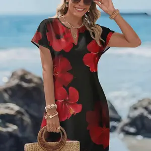 Women's V-Neck Floral Print Short Sleeve Casual Dress For Spring Summer Boho Beach Style