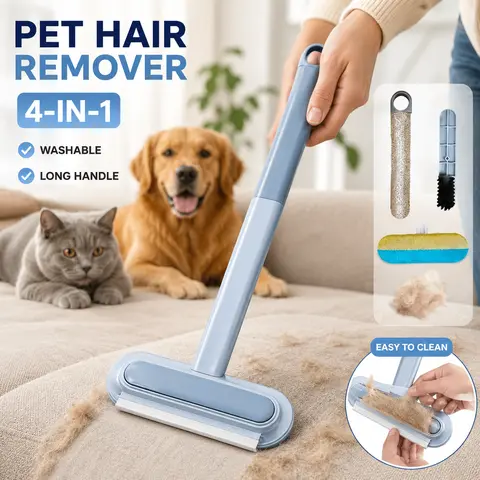 4 In 1 Reusable Fur Removal Tool - Dog & Cat Grooming Lint Roller with Long Handle, Sticky Surface, Easy Clean-Up, Washable Static Lift for Bed, Sofa (All Seasons Pet Supplies)