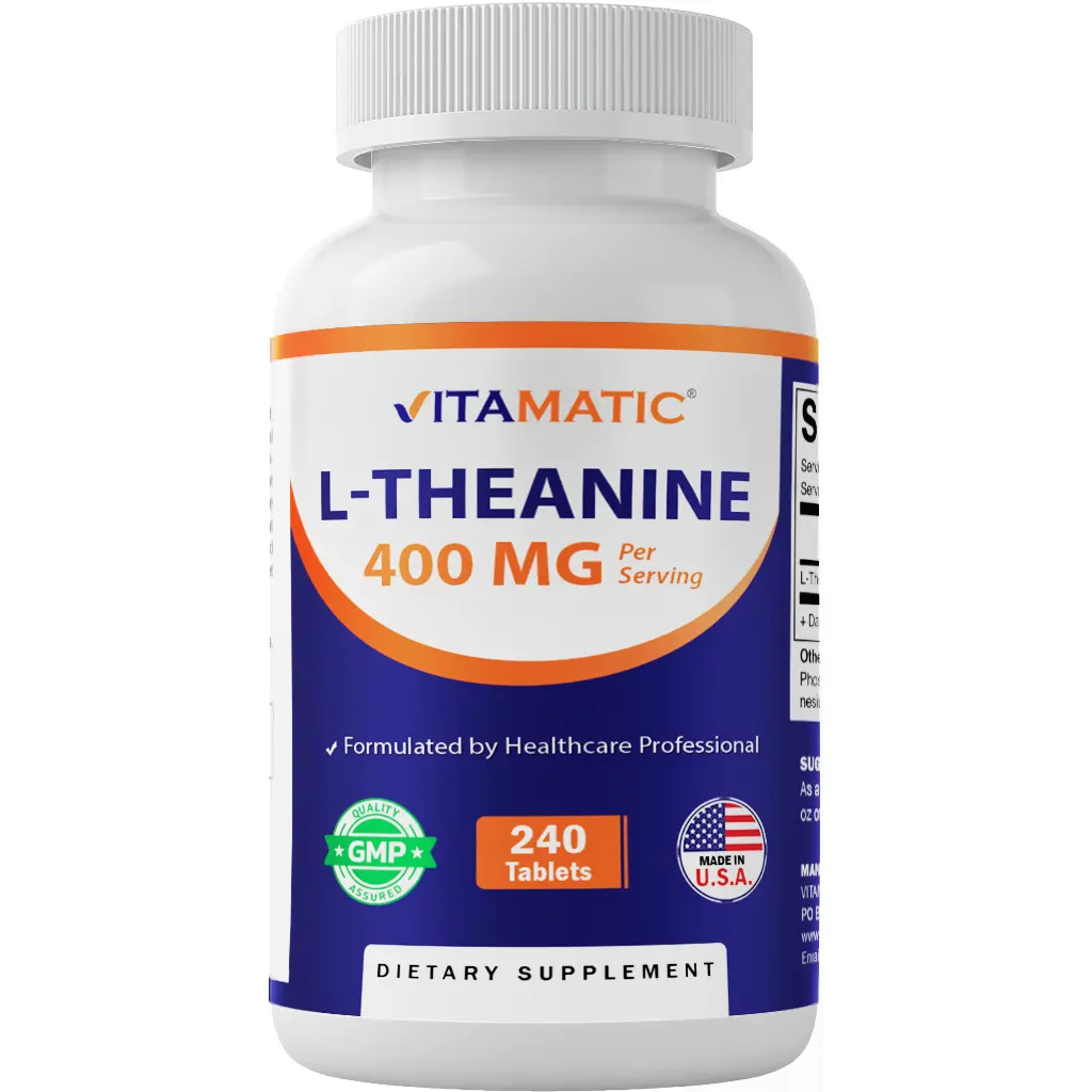 Vitamatic L-Theanine & Magnesium Stress Relief Amino Acids Nutritional Supplement - 400mg per Serving, 240 Tabs, Non-GMO, Gluten Free, Sugar-Free, GMP Certified, Calm & Wellness Support for Daily Self-Care, Self Care Products, Magnesium Amino Acids Nutrit