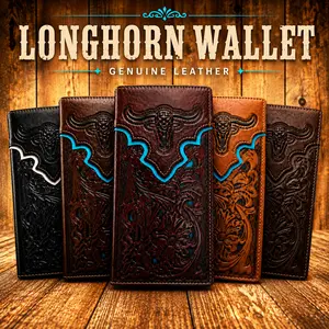 Western Long Leather Wallet – Floral Tooled Rodeo Bifold with Longhorn Design – Cowboy Checkbook Wallet for Ranch & Rodeo Style