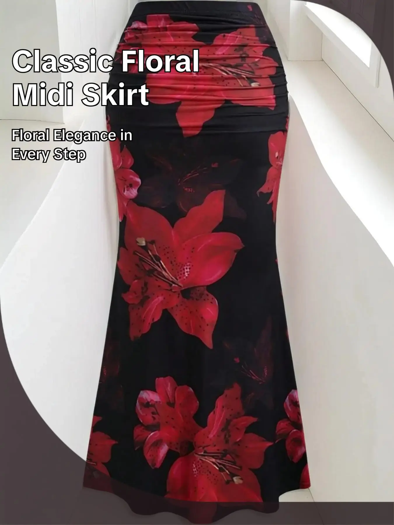 Elegant Floral Pleated Long Skirt, High Waisted Skirt, Flowing Skirt, Mermaid Skirt, Fishtail Skirt, High Waist Fitted Fish Tail Design, Perfect for Parties, Beach Vacations, All Seasons