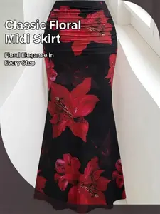 Elegant Floral Pleated Long Skirt, Flowing Skirt, Mermaid Skirt, High Waist Fitted Fish Tail Design, Perfect for Parties, Beach Vacations, All Seasons