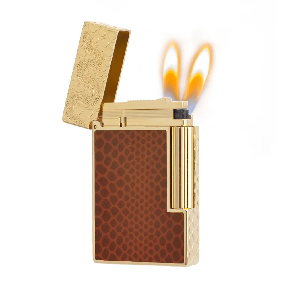 DPT Dual Flame Lighter with Snake Lacquered Brass Body, Glass Accents, Luxurious Gold Details - No Fuel Included, Lighter Accessory for Him, Ideal for Anniversaries