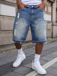Men's Light Blue Distressed Denim Jorts, S Fits W32, Tag Size S-W32 to XXL-W40, Non-Stretch Frayed Streetwear Shorts