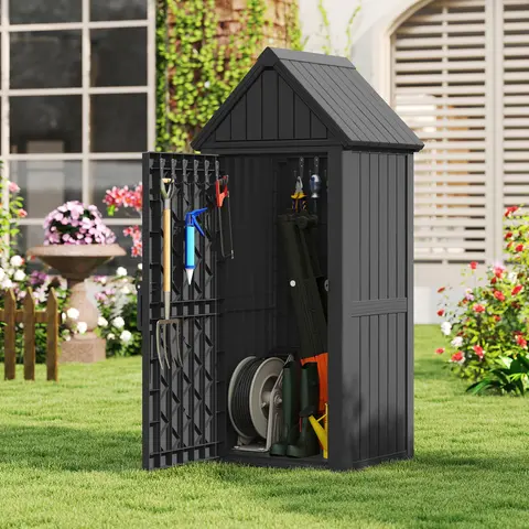 BIFANUO Vertical Resin Outdoor Storage Cabinet, Waterproof All-Weather Garden Tool Storage Shed with Removable Shelves & Tool Hooks, Lockable Small Outdoor Shed for Backyard, Patio, Pool, Black