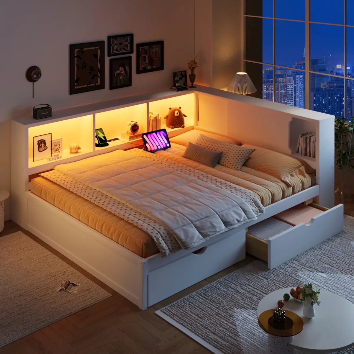 Queen Size Platform Daybed Frame with Storage Shelves, USB, LED, and 2 Drawers,  Wooden Bed Frame with Slats, No Box Spring Needed,White
