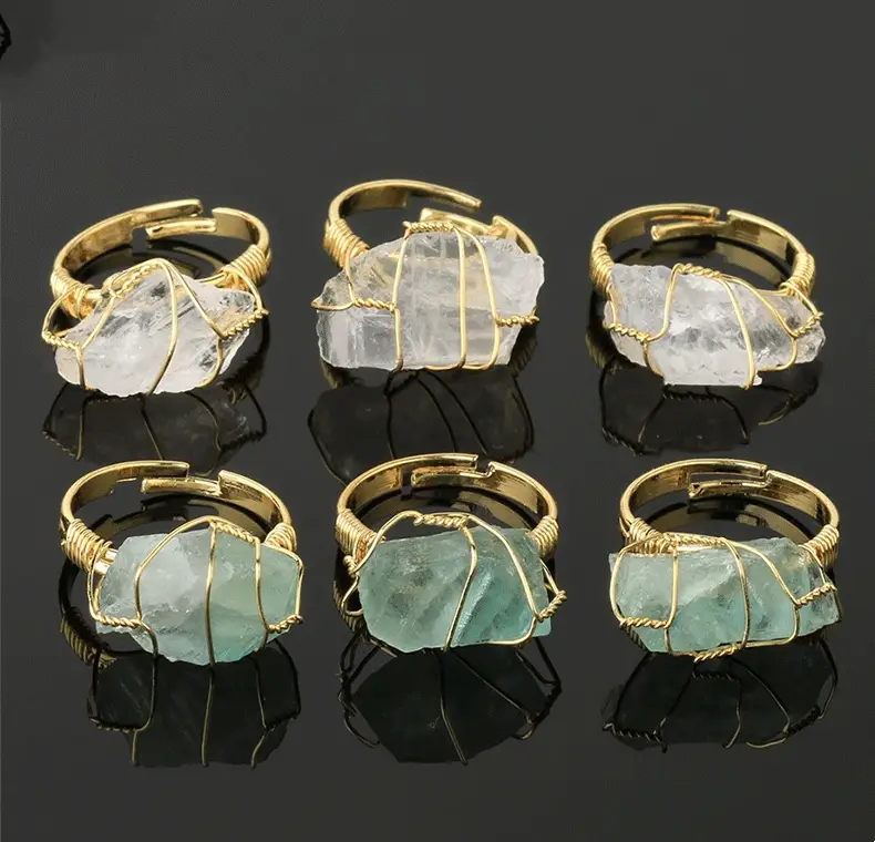 Chakra Crystal Wire Wrapped Irregular Ring ,Raw Healing Crystal Adjustable Gemstone Ring Jewelry for Women Girls