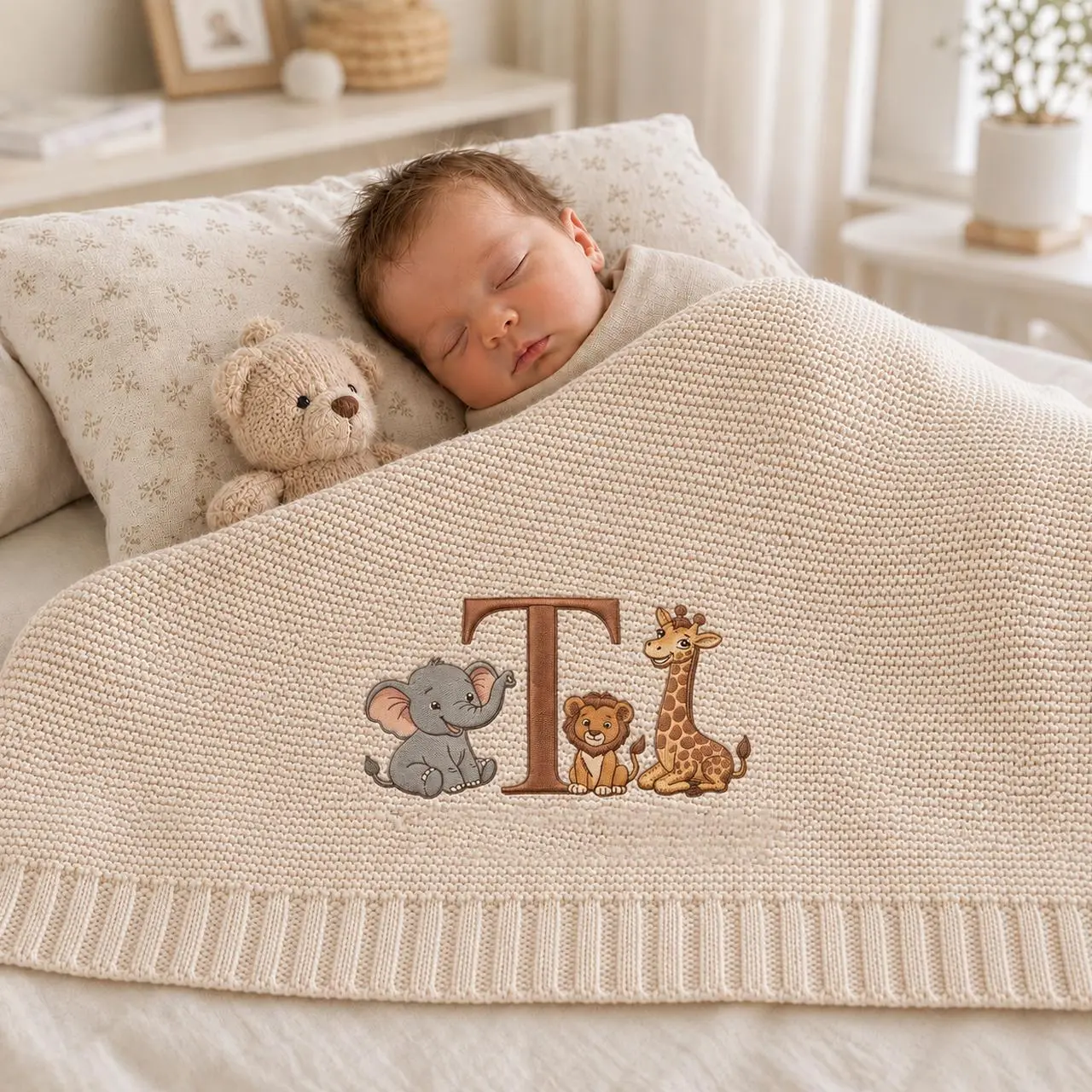[Made-to-Order] Custom Animal With Name Embroidered BB Cotton Blanket