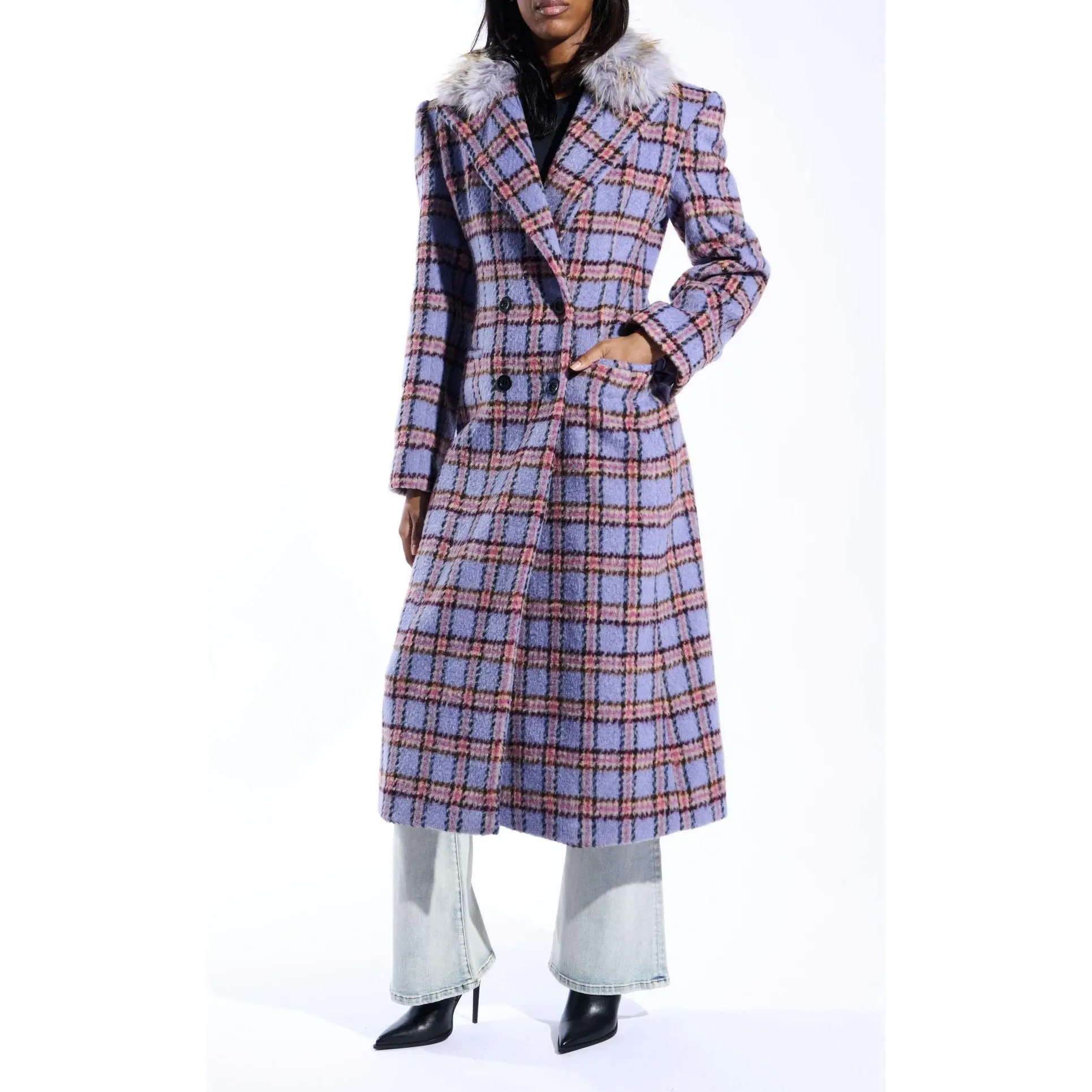 ALYSSA-LAVENDER FAUX FUR PLAID COAT
