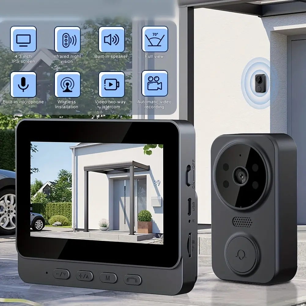 Wireless Smart Video Doorbell System,4.3" Display, HD Video Doorbell Camera with 2-Way Audio, Video Intercom,Local Storage No Subscription, Easy Install Without Wiring