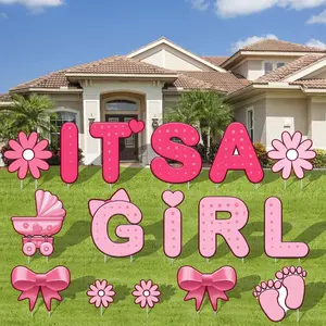 16 Pcs Its A Girl Yard Sign Welcome Home Baby Shower Decorations Pink Announcement Lawn Sign Decor Outdoor With Stakes Newborn Party Gender Reveal Flowers Supplies