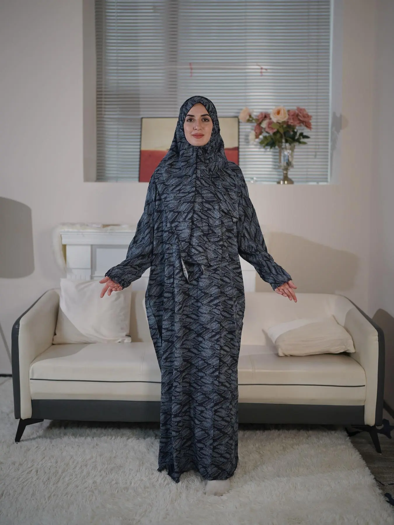 Women's All-Over Print Long Sleeve Prayer Dress with Hijab, Elegant Bishop Sleeve Long Arabian Dress, Modest Muslim Clothes, Modest Style Dress, Muslim Women Gowns for All Seasons, Modest Muslim Clothing