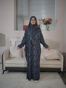 Women's All-Over Print Long Sleeve Prayer Dress with Hijab, Elegant Bishop Sleeve Long Arabian Dress, Modest Muslim Clothes, Muslim Women Gowns for All Seasons