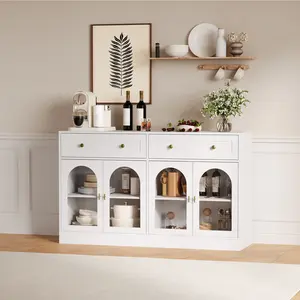 Summervibes Flash sale home items Large Capacity Farmhouse Sideboard Buffet Cabinet – 55 Inch Console Table with 2 Drawers & Clear Acrylic Glass Doors – Elegant Display for Dining Room, Kitchen, Living Room – White Finish