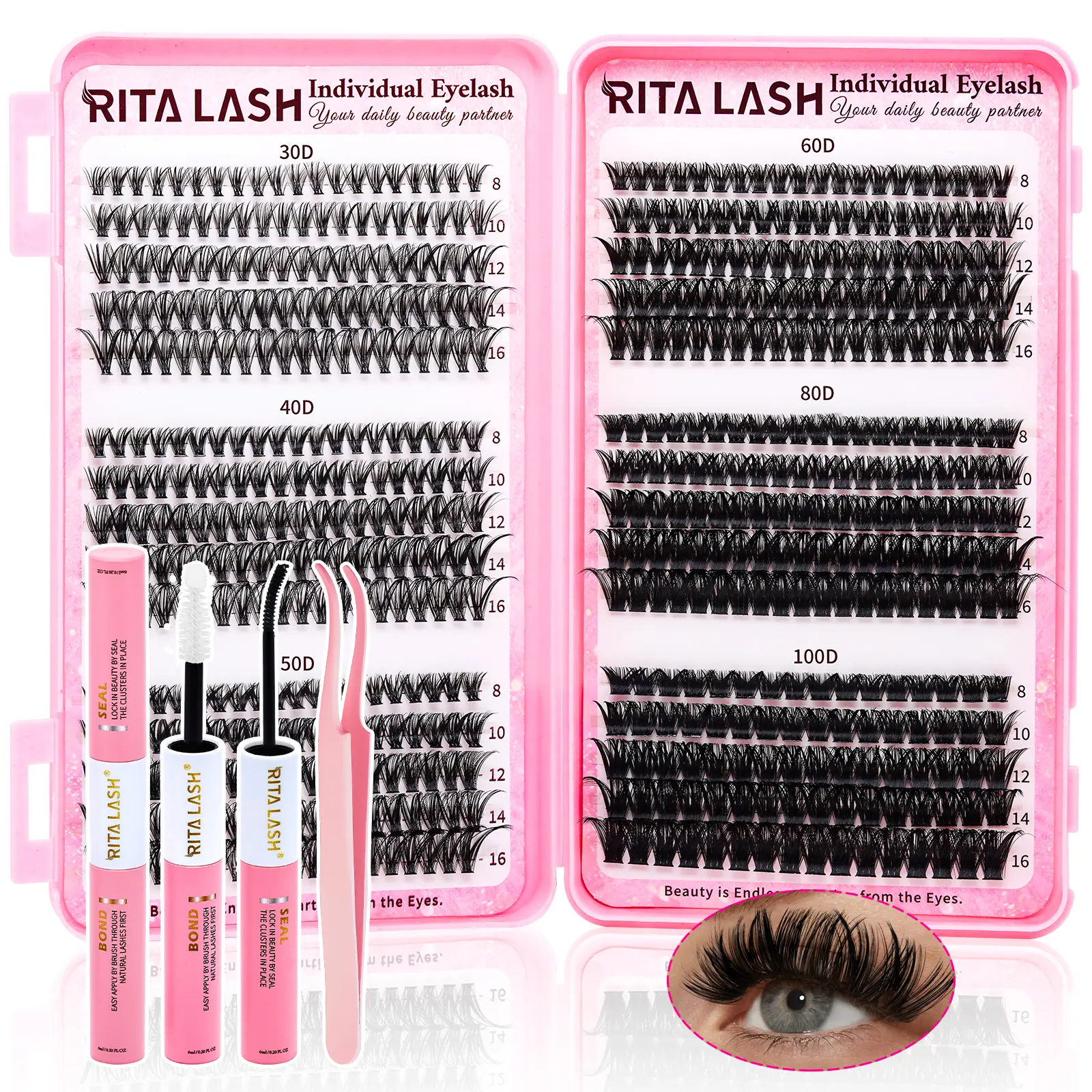 RITALASH 580/530Pcs Lash Clusters Kit with Bond & Seal 12 Styles Clusters Lashes Extension Volume Soft Eyelash Extension Kit 30D40D50D60D80D100D D Curl Cat Lash Wispy Natural DIY Individual Lash Clusters Kit for Beginners