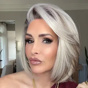 IMstyle Kylie Ashy Silver Blonde with Light Brown Lowlights Soft Rooting Short Bob Cut Low Density 13*3 Free Part Lace Front Synthetic Wigs