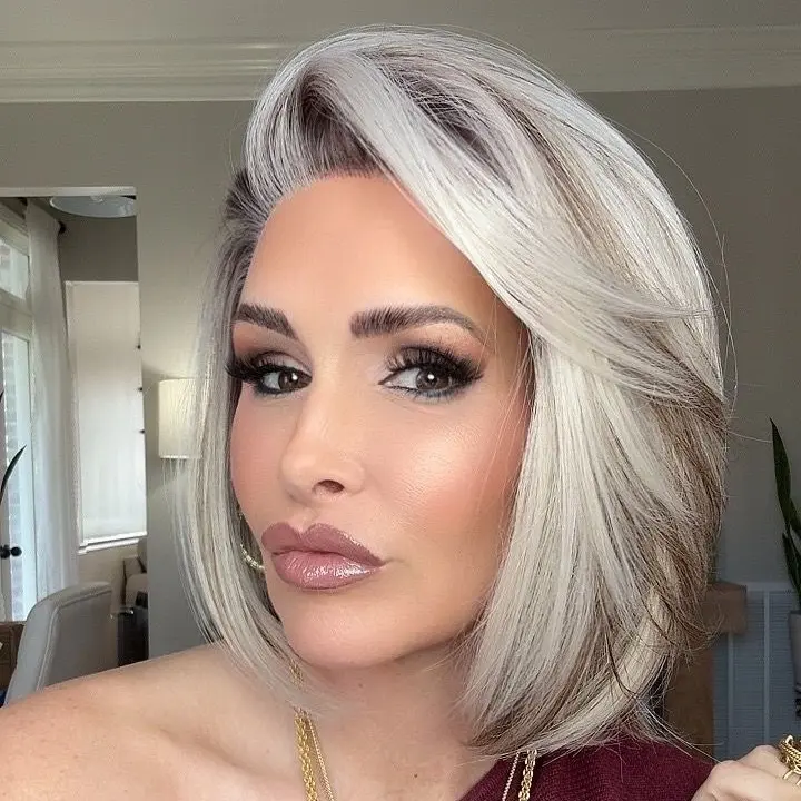 IMstyle Kylie Ashy Silver Blonde with Light Brown Lowlights Soft Rooting Short Bob Cut Low Density 13*3 Free Part Lace Front Synthetic Wigs