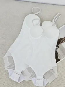 Women's Solid Color Contrast Mesh Sheer Cami Shapewear Bodysuit, Adjustable Strap Tummy Control Shapewear for All Seasons