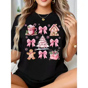Christmas Themed Graphic Shirt With Gingerbread Man, Candy Cane Mug, Snowy Tree, Gift Box, And Pink Bows For Holiday Season Wear, 220g