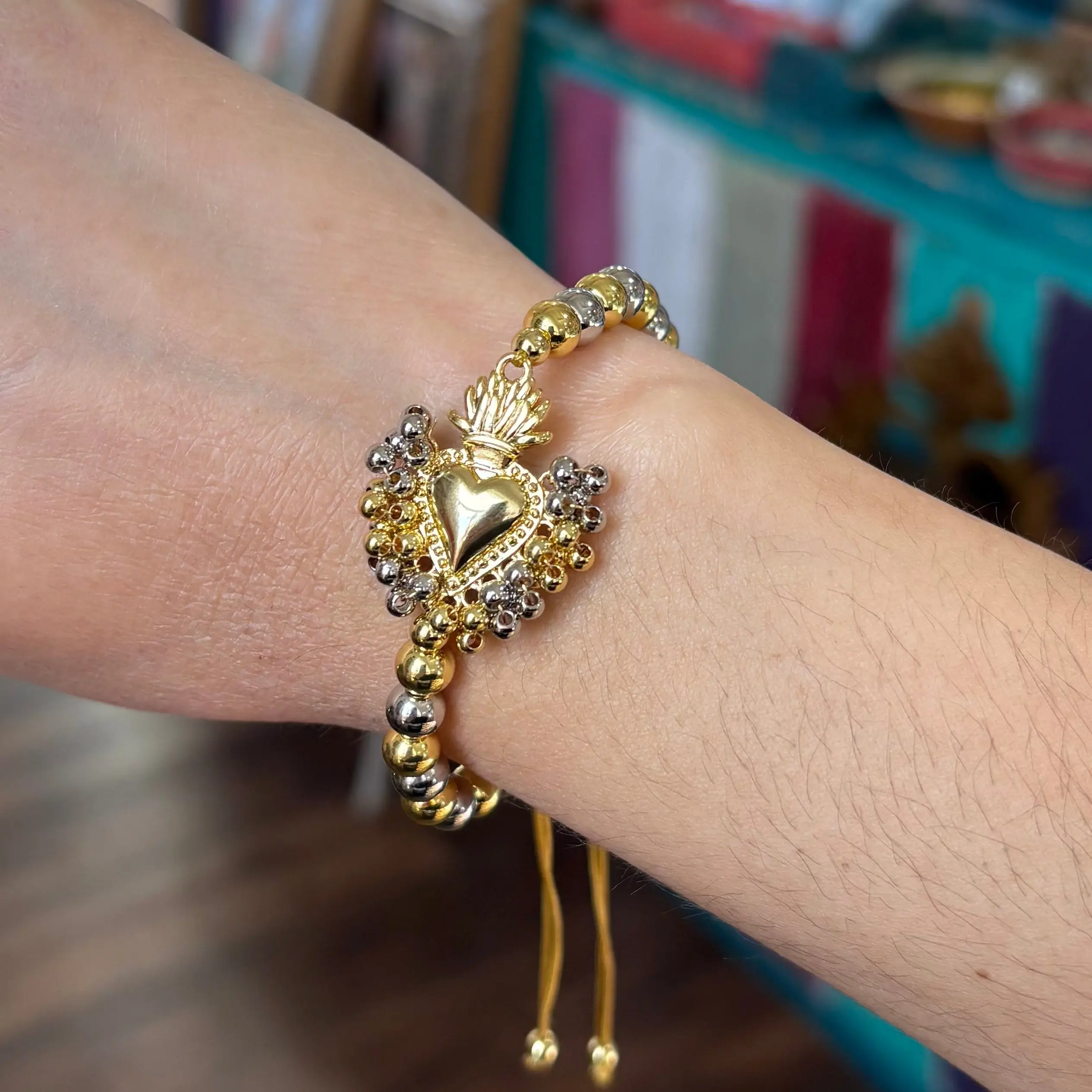 Sacred Heart Two-Tone Beaded Bracelet – 18K Gold & Silver Plated, Adjustable Cord
