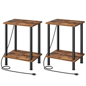 HOOBRO Set of 2 End Table with Charging Station, Side Tables with USB Port and Outlets, Nightstand with 2-Layer Storage Shelves for Small Spaces, Living Room, Bedroom, Rustic Brown #SummerVibes