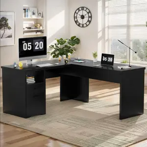 Cyclysio 56'' W Lift Top L-Shaped Desk with Drawers and Power Outlet, Large Sturdy L Shaped Office Desk Executive Desk for Office