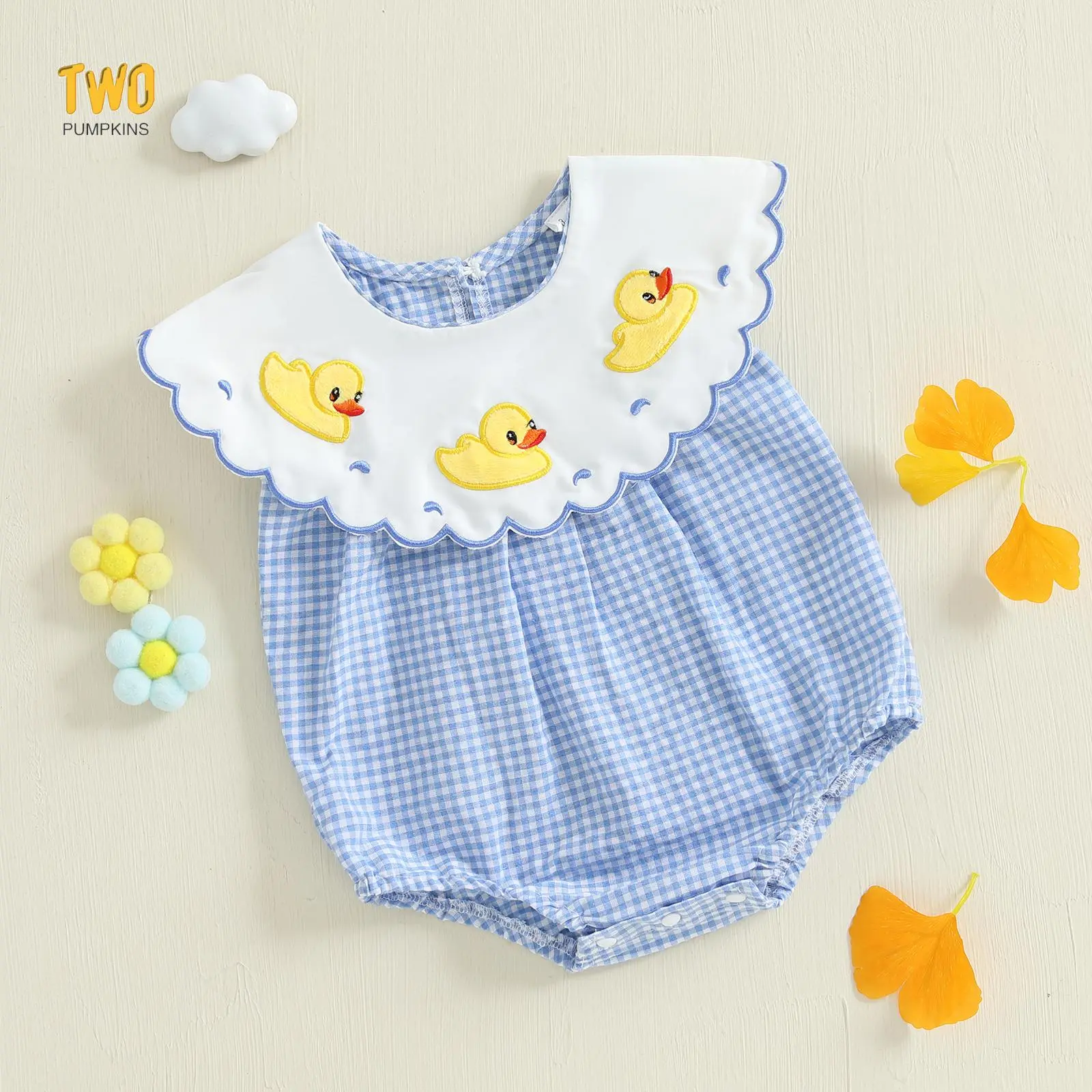 Baby Girl Summer Cute Plaid Romper Blue Sleeveless Doll Collar Duck Embroidery Jumpsuit