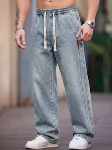 Men's Washed Jeans, Drawstring Waist, Loose-Fit Straight Leg, Daily Wear, Vintage, Father's Day Gift, All Seasons, Natural Waist, Plain Design, Menswear, Streetwear, Denim
