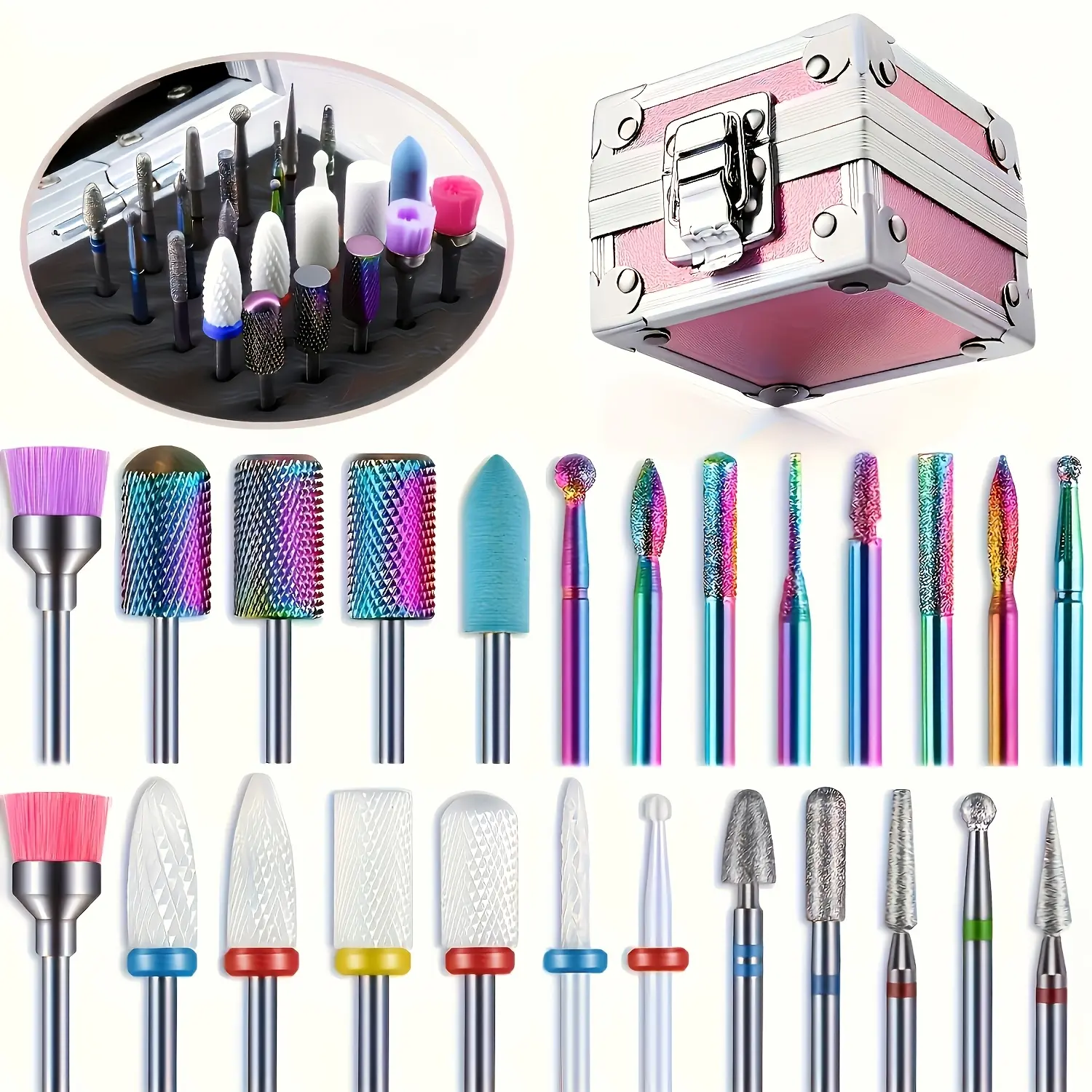 Tungsten & Ceramic Nail Drill Bit Set with Storage Box, Professional Heat Dissipating Manicure Tools, Easy Install Conical & Triangular Bits for Salon & Home Use, Diy Manicure, Smooth
