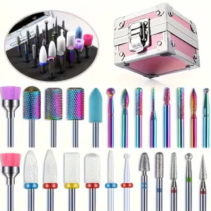 Professional nail drill bit set featuring tungsten steel and ceramic bits, suitable for nail extensions and gel polishing. Triangular/conical shapes meet salon needs, includes a storage box.