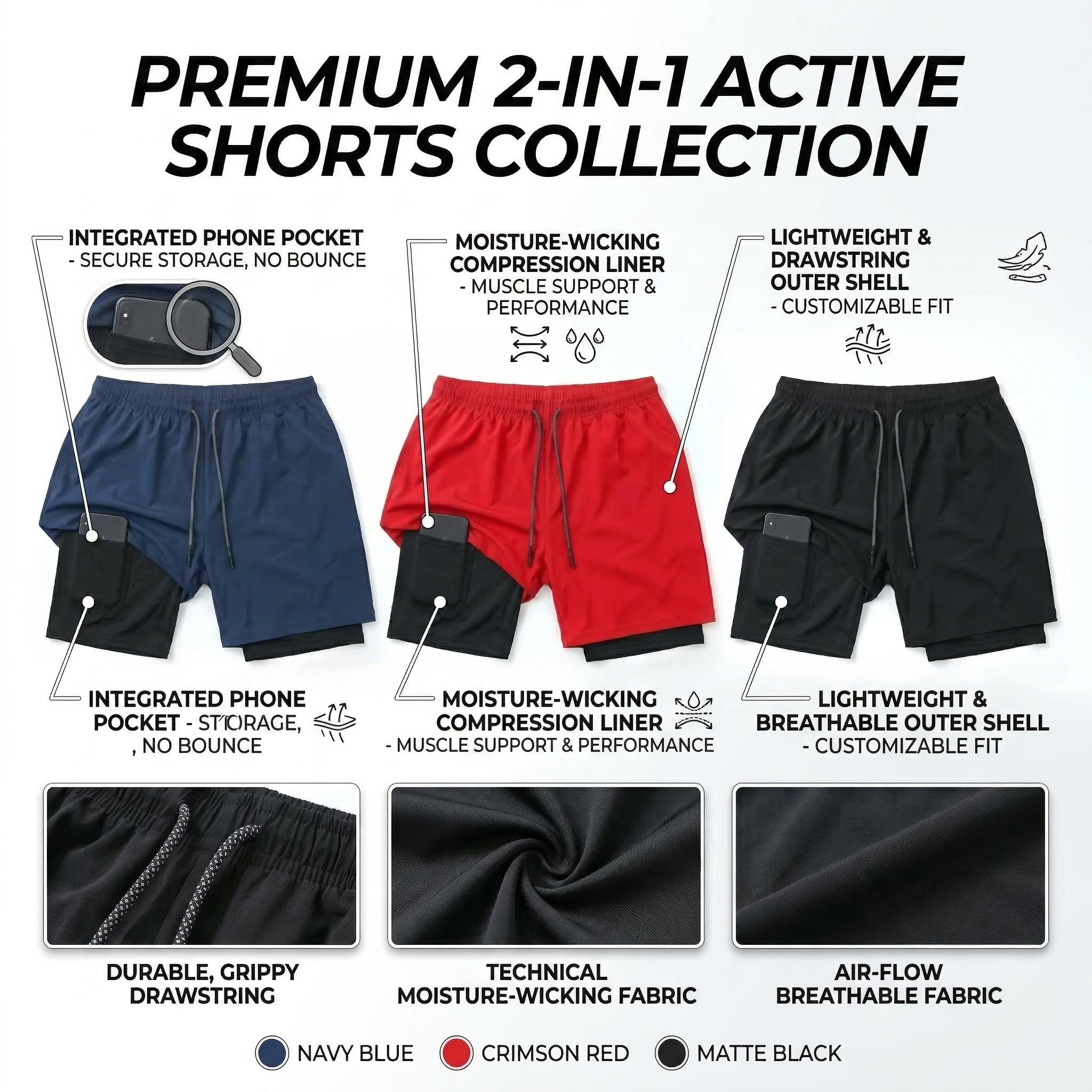 3 Pack Mens 2 in 1 Athletic Shorts Set | Gym Workout Running Shorts with Built-in Compression Liner & Phone Pocket | Quick Dry Activewear Training Bottoms | Essential Sportswear Bundle
