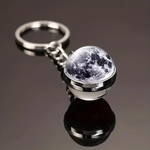 Solar System Glass Ball Keychain, Double-Sided, Casual Style, Metal Pendant with Earth, Mars, Saturn Designs, Galaxy Nebula Keyring