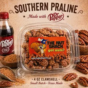 4oz- clamshell -Southern Praline Pecans made with Dr Pepper - Sweet Texas Treat, Crunchy & Caramelized, Small Batch Roasted, Gluten-Free, Perfect for Snacking & Gifts - 4oz- clamshell