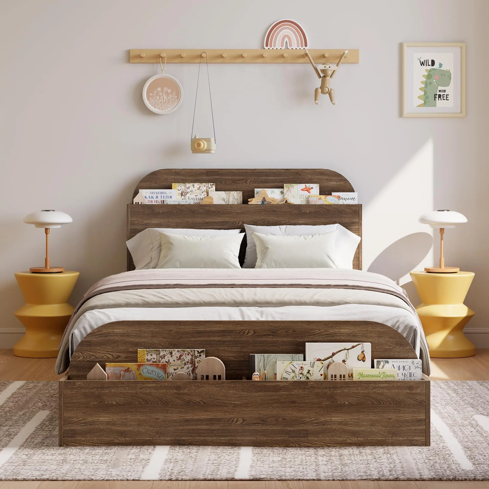Garvee Wooden Bed Frames in XL, Queen, and Matrimonial Sizes with Storage Headboards, Elevated Footboards, Low Platform Design, Sturdy Wood Slat Support, and Easy Assembly for Bedroom Use