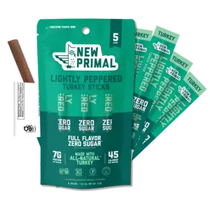 New Primal Lightly Peppered Turkey Sticks, Keto Gluten & Sugar Free Low Carb High Protein Healthy Snack, Paleo Whole30 Dried Meat Stick, 5 ct Pack