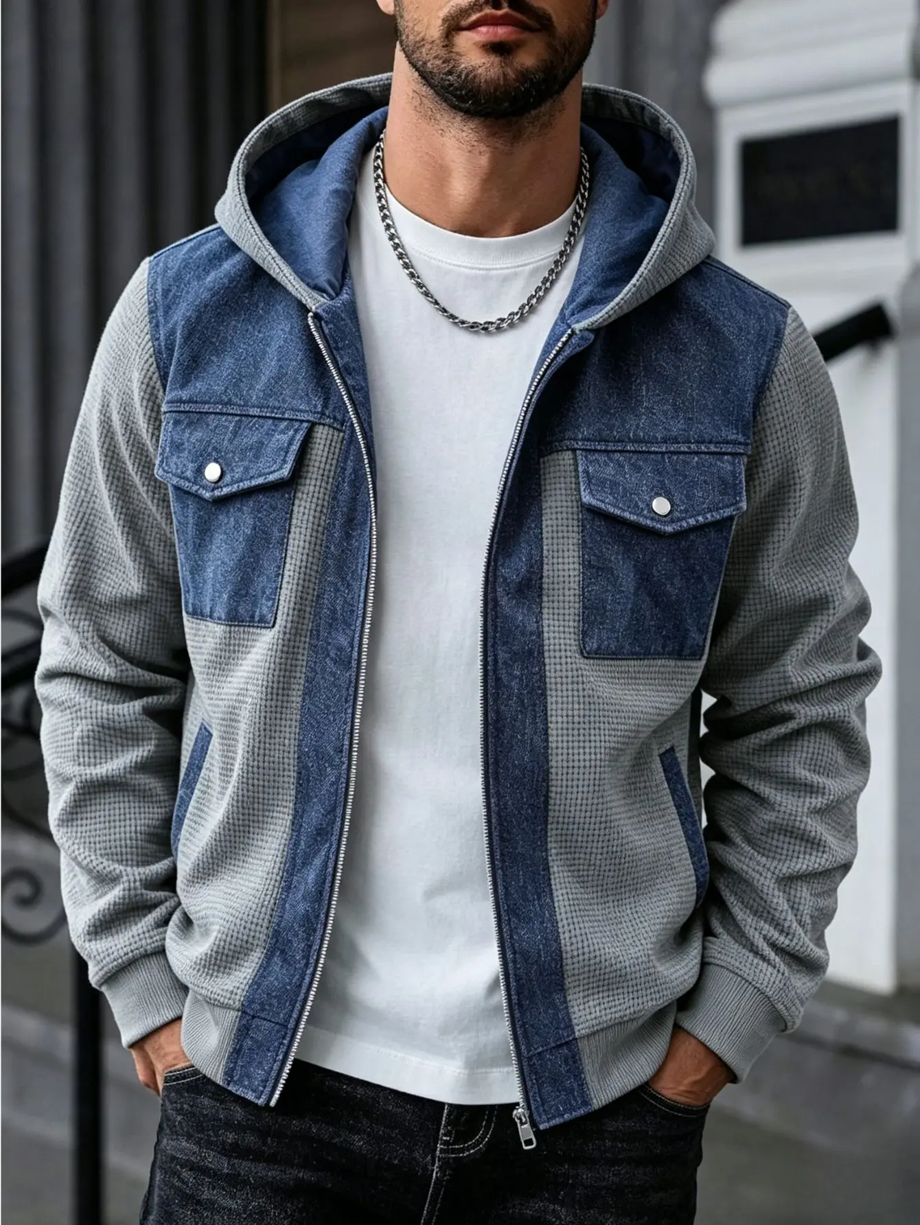 Nanshu Men’s Denim Patchwork Waffle Hooded Jacket — Vintage Color-Block Design, Multiple Pockets, Zipper Workwear Outerwear, Loose Casual Top Coats Fashion