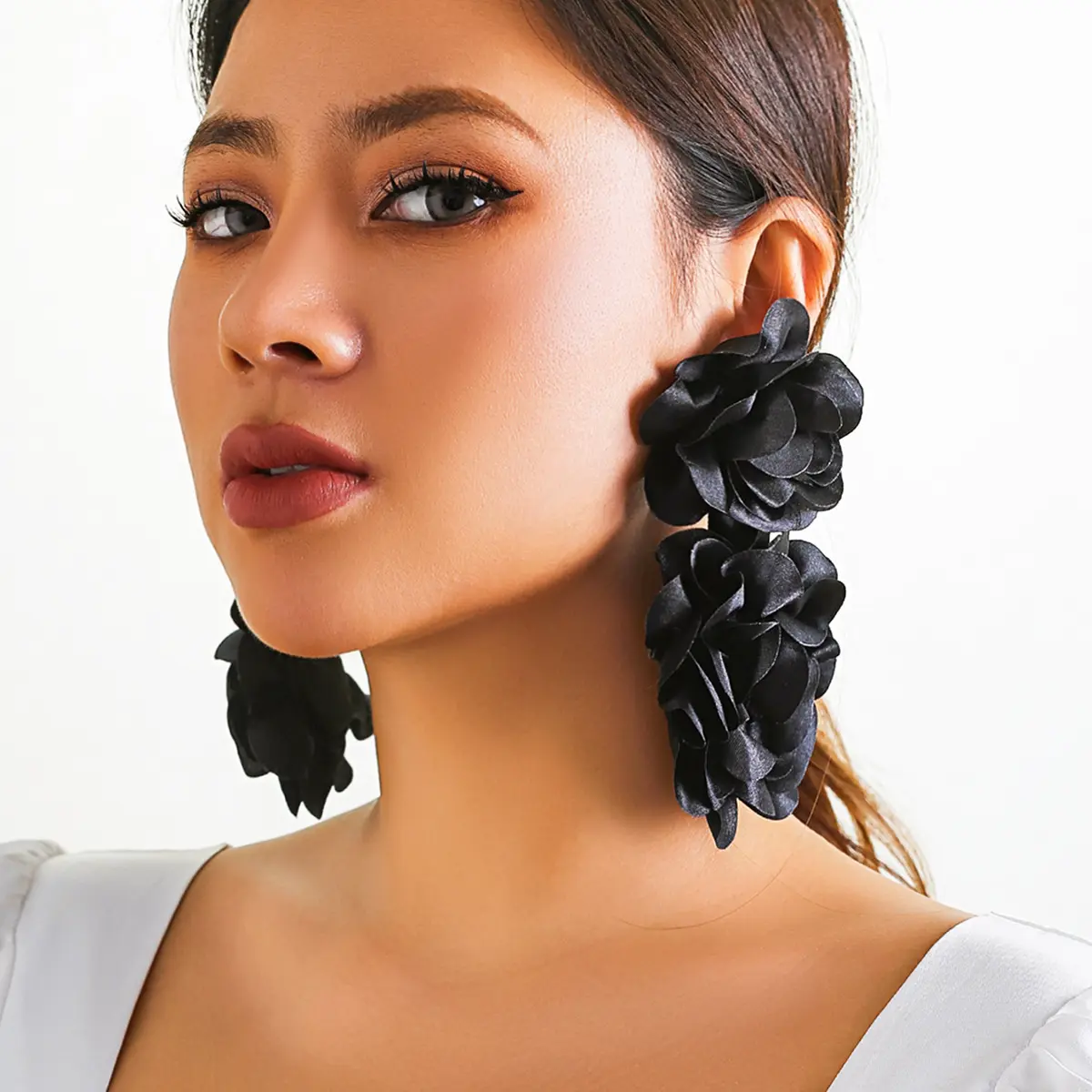 Lightweight cloth rose long dangling earrings, large black satin floral statement earrings—trendy evening formal accessory for ladies, ideal birthday or holiday gift