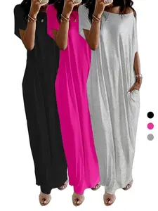 Women's Short Sleeve Basic Multi-Size Casual Loose Summer Maxi Dress - Split Sundress for Vacation, Beach Travel Outfits, Shortsleeve