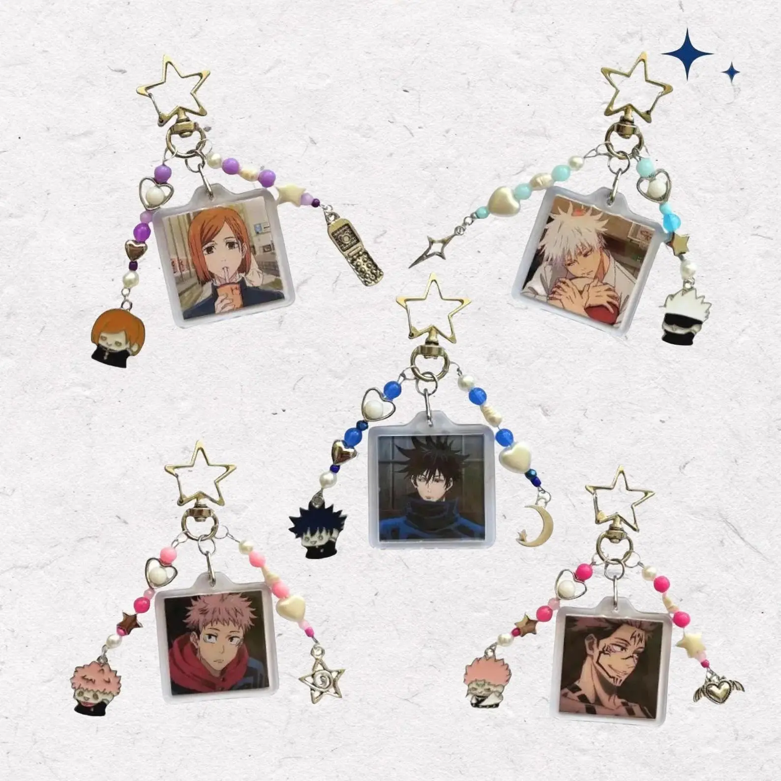 Handmade Jujutsu Kaisen Inspired Beaded Keychains - Keychain Kawaii Collectibles with Character Art Beaded Chain, Anime & Manga Hanging Decor for Phones, Bags (Featuring Yuji, Nobara, Gojo, Megumi, Sukuna)
