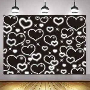 Black Heart Party Photo Backdrop 8x6FT Early 2000s Backdrops for Photoshoot Love Heart 90s Birthday Background Old School Valentines Selfile Wall Decorations
