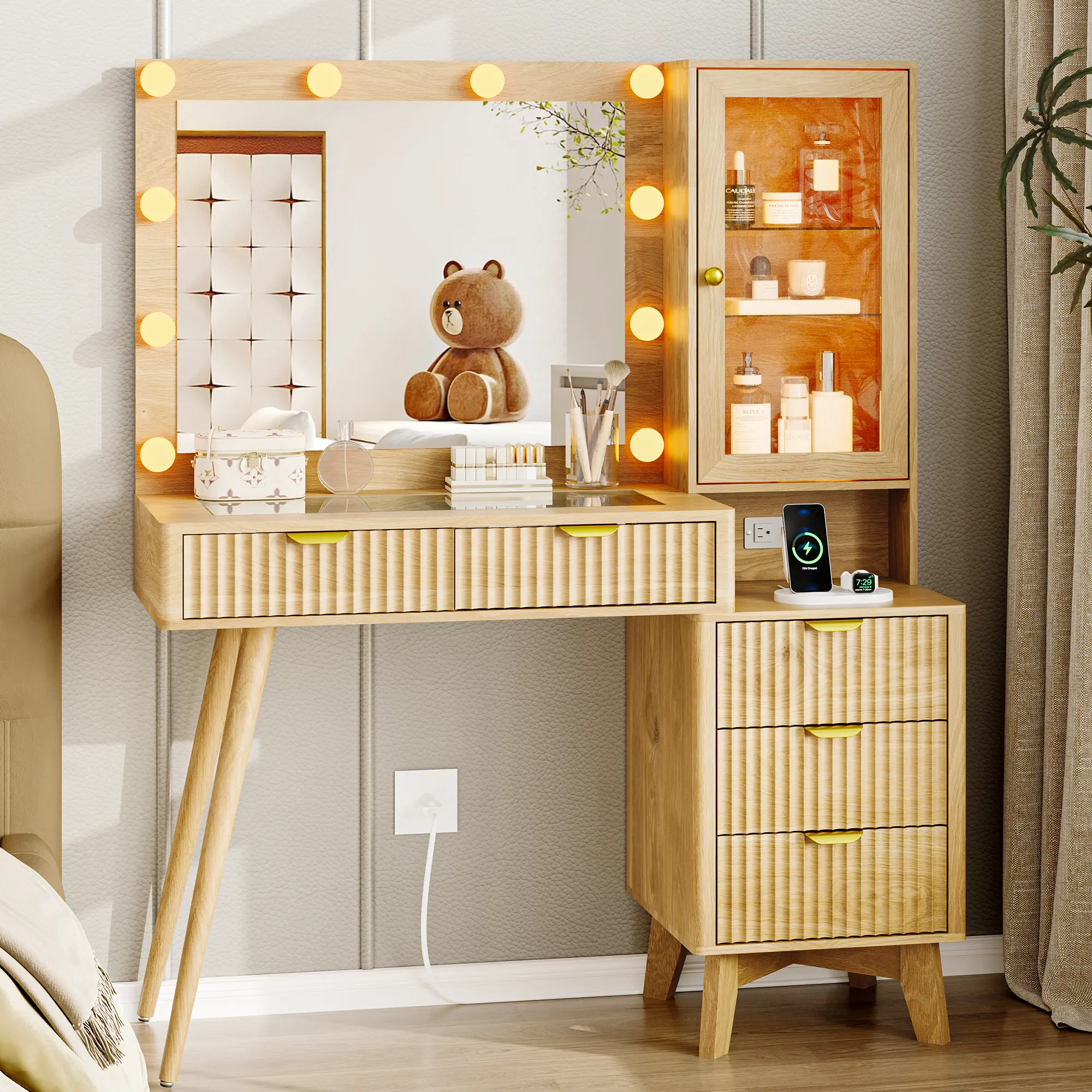 Vanity Desk with Mirror and Lights, 45" Fluted Makeup Vanity with 5 Drawers & Glass Top, RGB Lighted Vanity Table with Power Outlet & Storage Cabinet, Modern Dressing Table for Bedroom fathers day gift ideas,dorm essentials,home decor