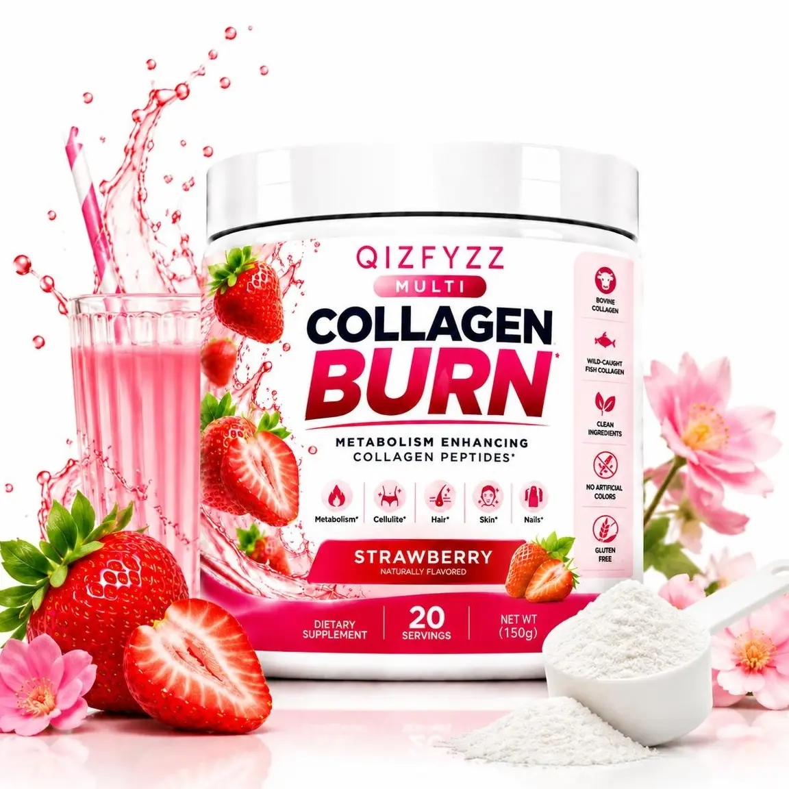 Multi Collagen Burn Dietary Supplement | Caffeine-free Metabolism Enhancing Collagen Peptides Support for Reduction of Visible Cellulite