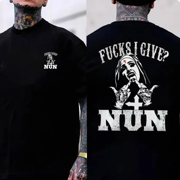 No Fucks I Give Nun Sarcastic Edgy Gothic Rebel Dark Humor Street 100% Cotton Unisex Statement Tee