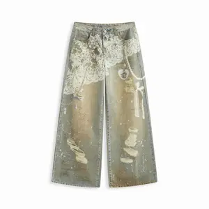 Cider [size 0-26] Denim Low Rise Lace Graphic Wide Leg Jeans