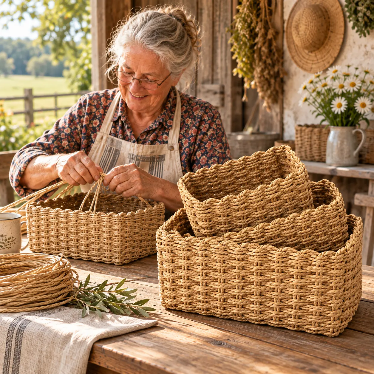 Decorative Farmhouse 3-Piece Handmade Woven Rope Storage Basket Set, Natural Soft Rectangular Open-Top Organizer Bins for Kitchen Linen, Bathroom, Bedroom, Ideal Gift for Home Organization & Shelf Decor
