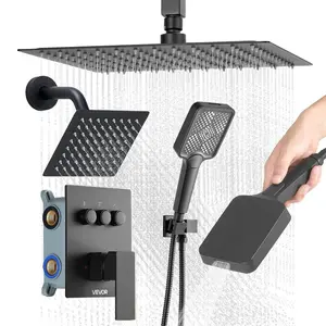 summervibes Multi-Function Adjustable Shower Set, 12-in Ceiling-Mount Rainfall Shower System, 6-in Wall-Mount Head, 4-in-1 Handheld Spray, Rotatable 3-Function Brass Valve and Trim Kit, Matte Black, Adjustable Shower Head