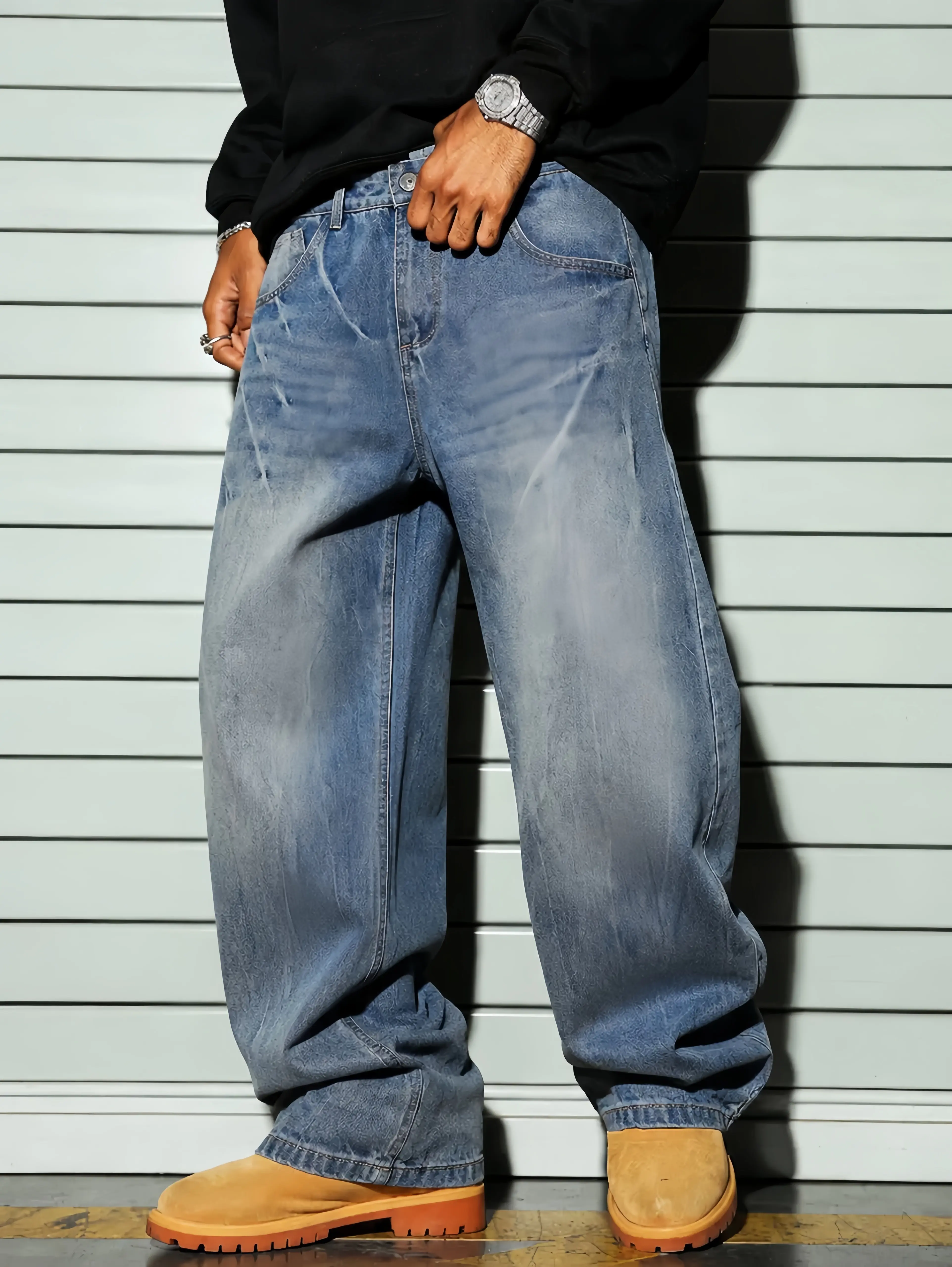 Light Vintage Washed Wide Leg Baggy Jeans For Men, Floor Length Relaxed Straight Y2K Skate Streetwear Denim Trousers, Five Pocket Hip Hop Casual Pants for Teen Boys, Spring Fall Urban Daily Wear