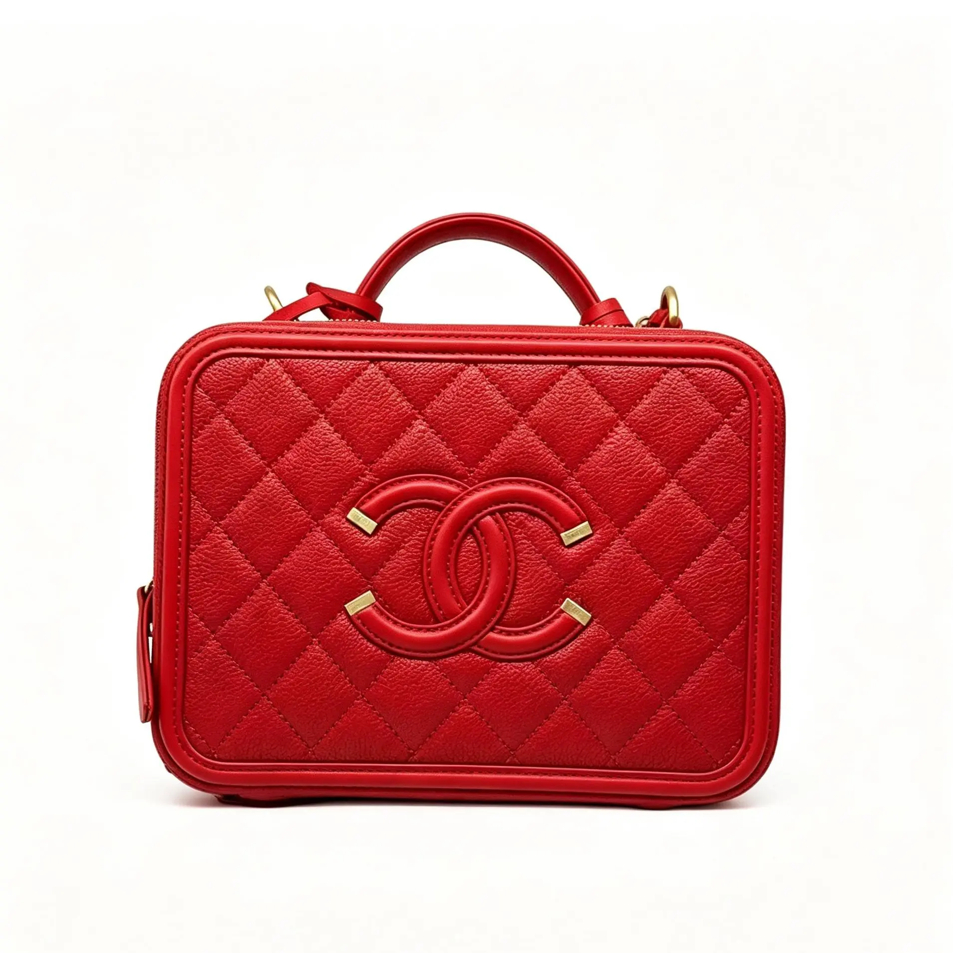 Pre-owned CHANEL Calfskin Crossbody Bags Medium Red Pebbled Caviar Leather Vanity Camera Case Top Handle Crossbody Bag With Red CC Logo & Gold Chain Hardware For Women